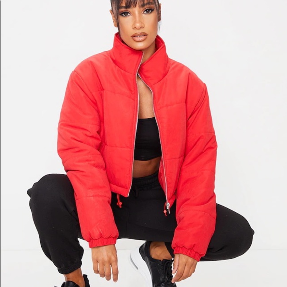 Pretty Little Thing Red Super Cropped Peach Skin Puffer